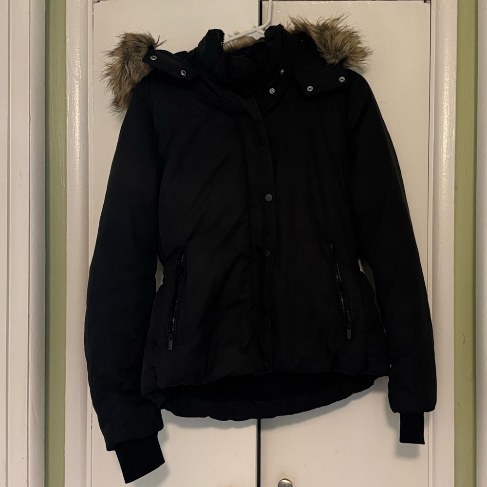 H&M Black Puffer Jacket with faux Fur trimmed Hood size 12